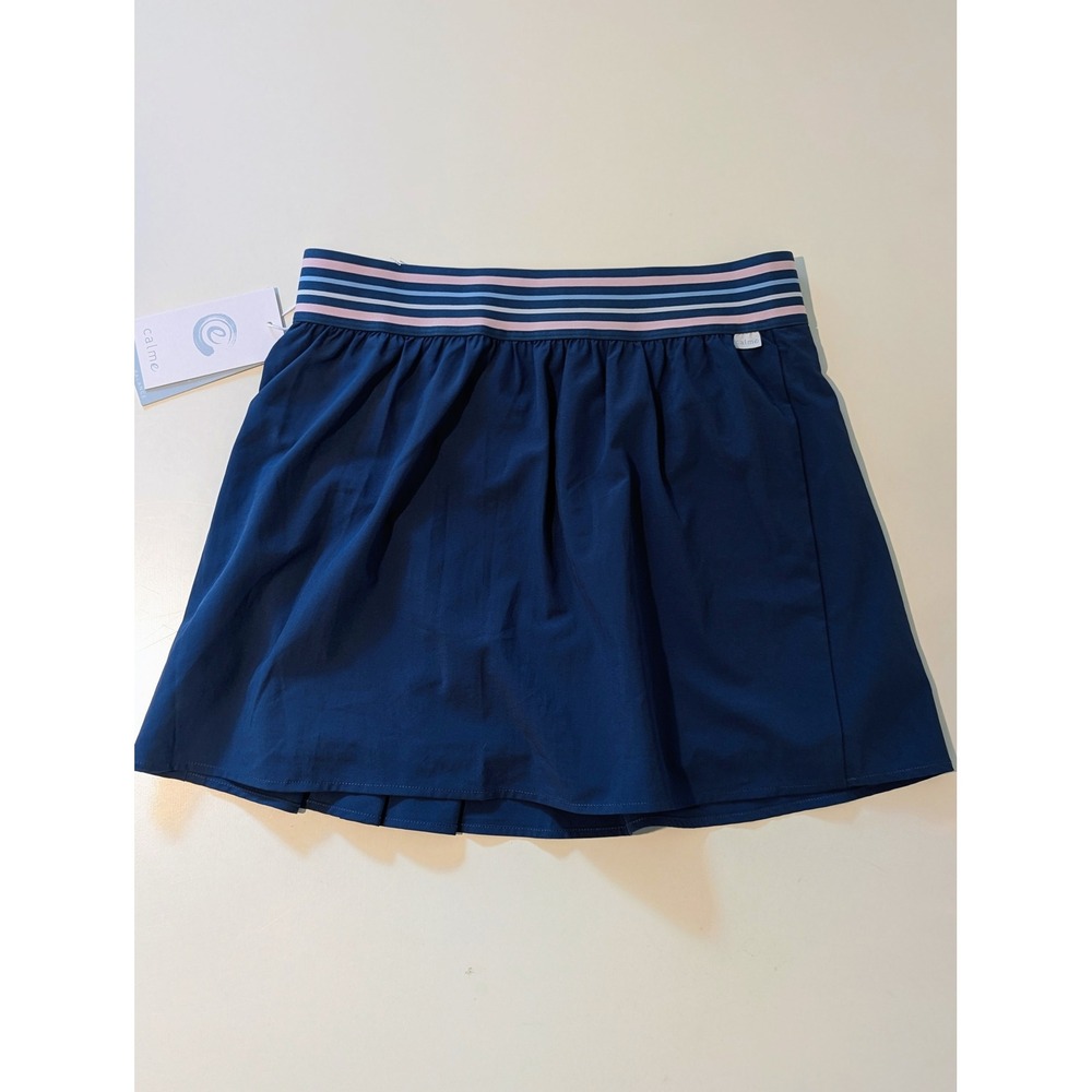 NWT CALME by Johnny Was Navy Pleated Tennis Skirt Striped Waistband Medium - Picture 3 of 9